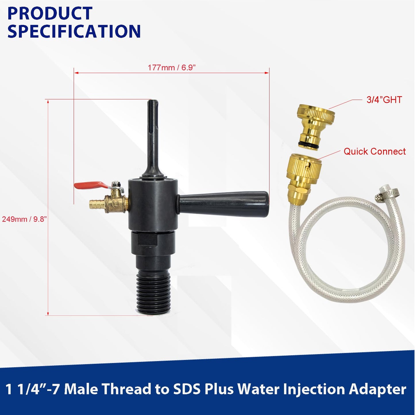 DaduoRi 7" Wet Core Drill Bit with Water Injection Capable Adapter for SDS Plus Shank - Includes Solid Brass Quick Connector and Hose - Convenient 1 1/4"-7 Thread Core Bit with Water Feed Design