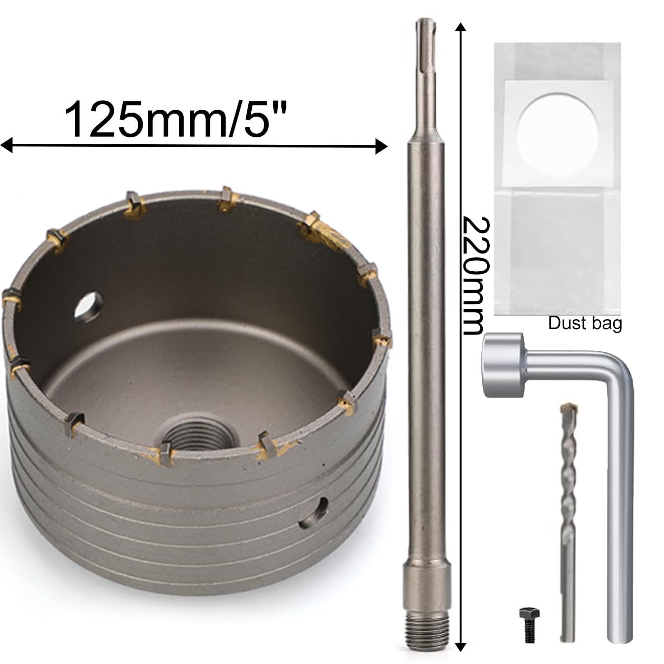 Concrete Hole Saw Kit with SDS Plus 5", 125mm Concrete Hole Saw Set with 220mm SDS Plus Shank Connecting Rod for Concrete Cement Brick Stone Wall