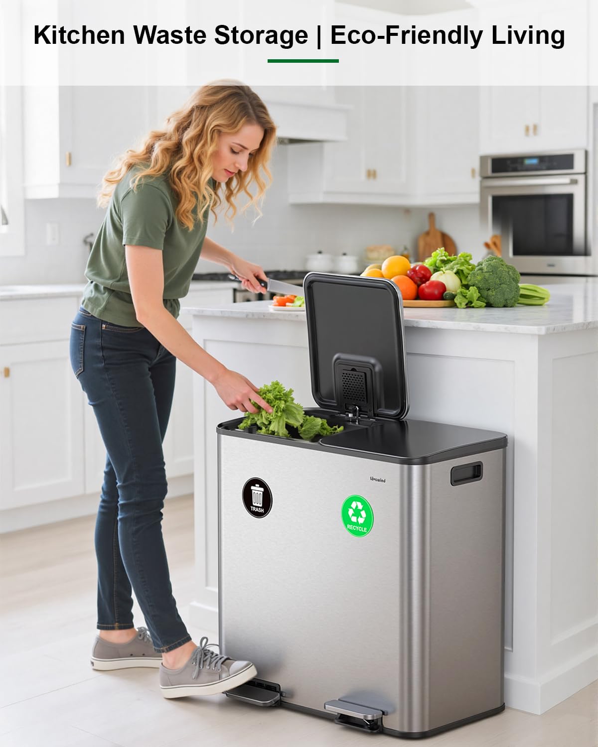 Lovewind 2×11.5 Gallon Dual Trash Can, Stainless Steel Dual Garbage and Recycling Can with Foot Pedal, 90° Stay-Open Lid, Pet-Proof Design – Large Dual Compartment Trash Recycling Bins Kitchen, Silver