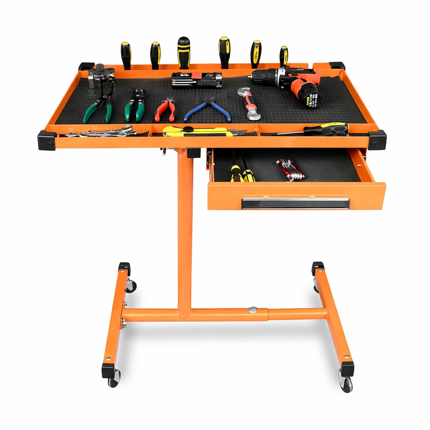 A A IN LT18 Heavy Duty Adjustable Work Table with Drawer for Mechanic,220lbs Capacity Rolling Tool Tray Table with Wheels Orange