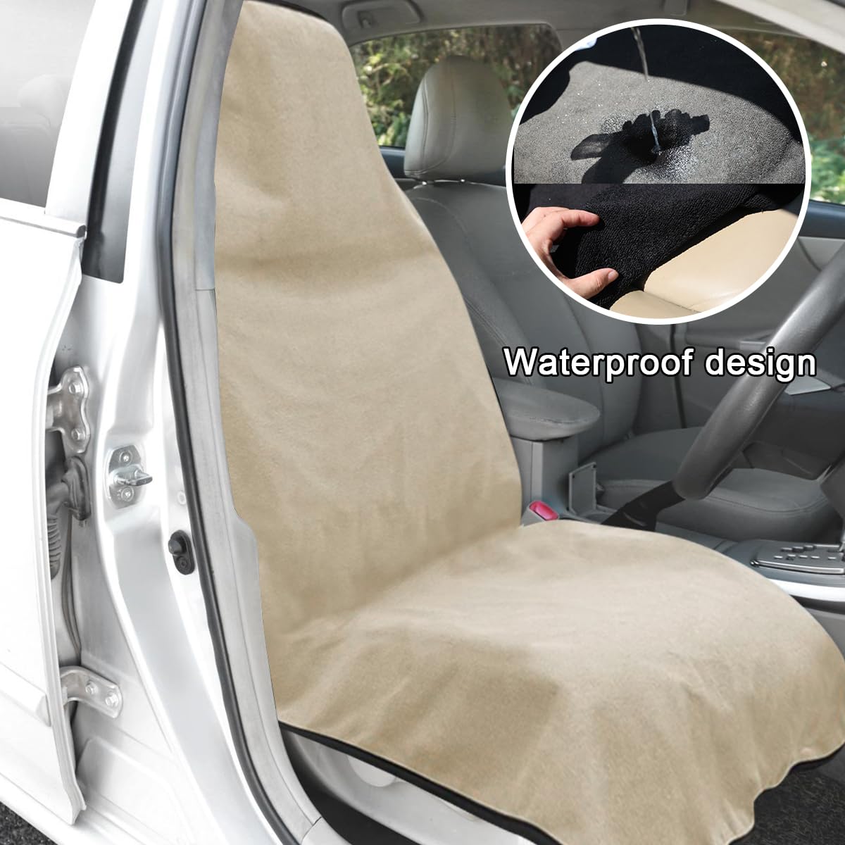 DXNQ Waterproof Car Towel Seat Cover, Sweating Non-Slip Premium Towel Carseat Cover Protector, Universal Soft Machine Washable Car Truck SUV Front Seat Cover for Gym Workout Beach Hiking (Beige)