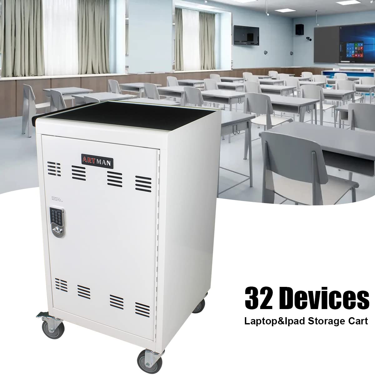 30-Device Mobile Charging Cart with Power Strip, Locks, Cable Management, Up to 16.3" Safe Charging Cabinet for Chromebooks, Tablets, Laptops. White with Code Lock
