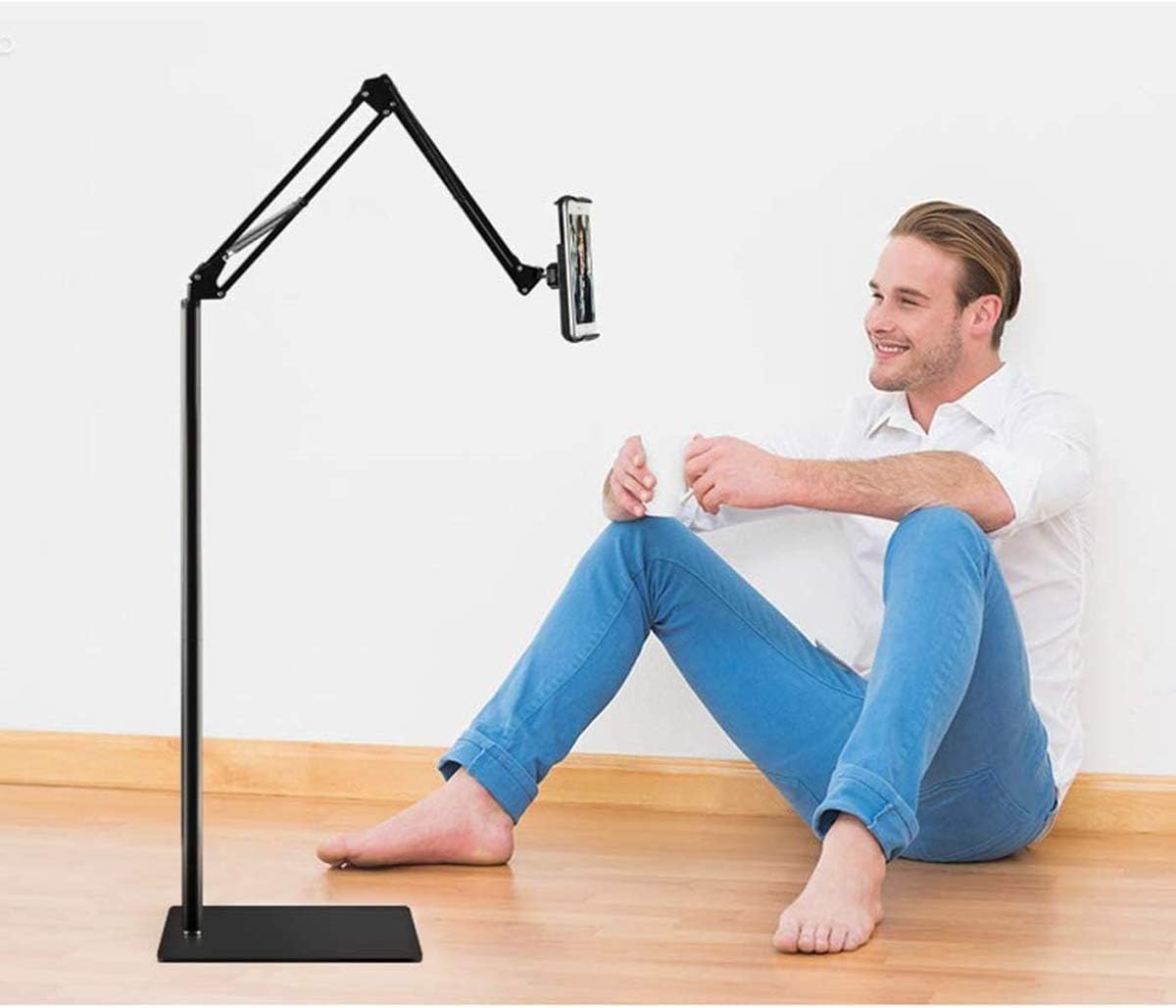 Elekpopu 5LB Tablet Floor Stand with Metal Base, Overhead Bed Phone Stand Angle Height Adjustable Holder, Universal