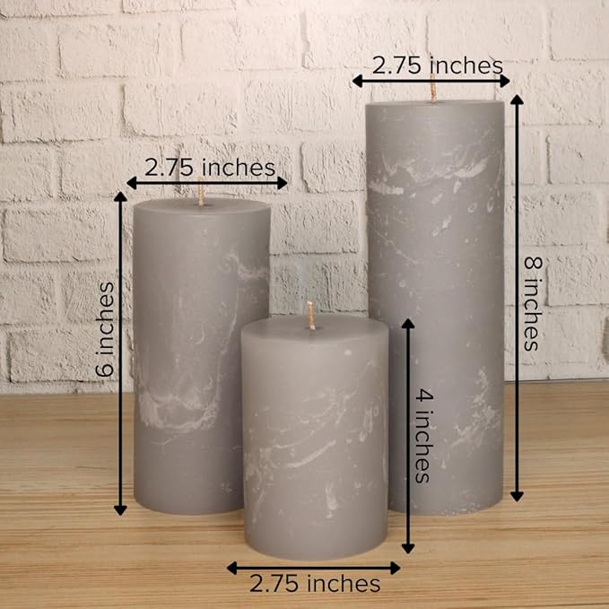 Simply Soson 3x4, 3x6, 3x8 inch Grey Pillar Candles, Set of 3 Pillar Candles, Rustic Texture, Unscented Grey Candles, Dripless Candles, Ideal as Wedding, Parties, Spa, Dinner, Home Decor, Church