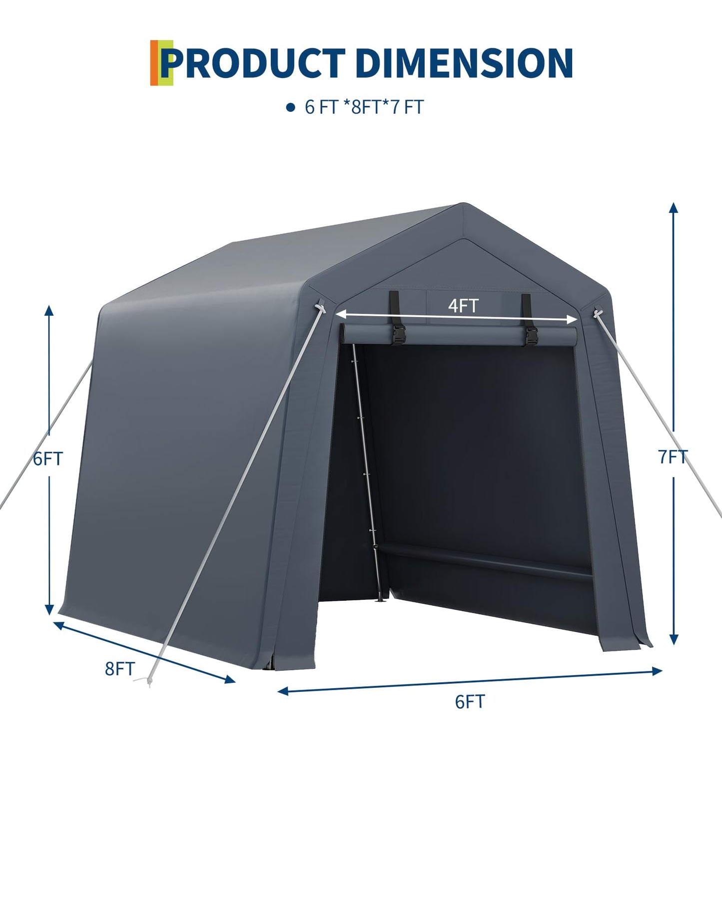 GarveeLife Portable Outdoor Storage Shed with Roll-Up Zipper Door & Vent, 240G Heavy-Duty Shelter Waterproof PE Tarp, UV-Resistant Carport for Motorcycle, Firewood, Tools (Gray, 6'x8')