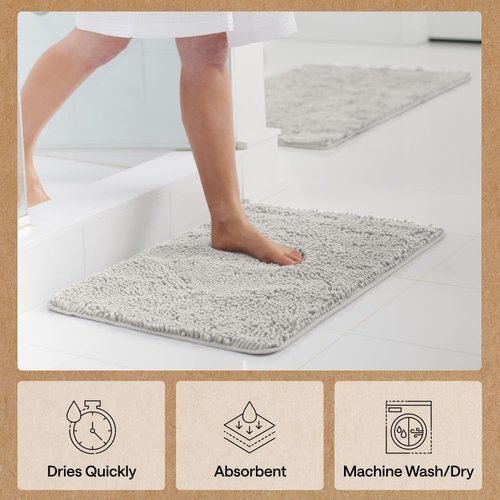GORILLA GRIP Bath Rug Mat - Soft Absorbent Chenille | Quick Dry Microfiber, 48x24, Light Gray