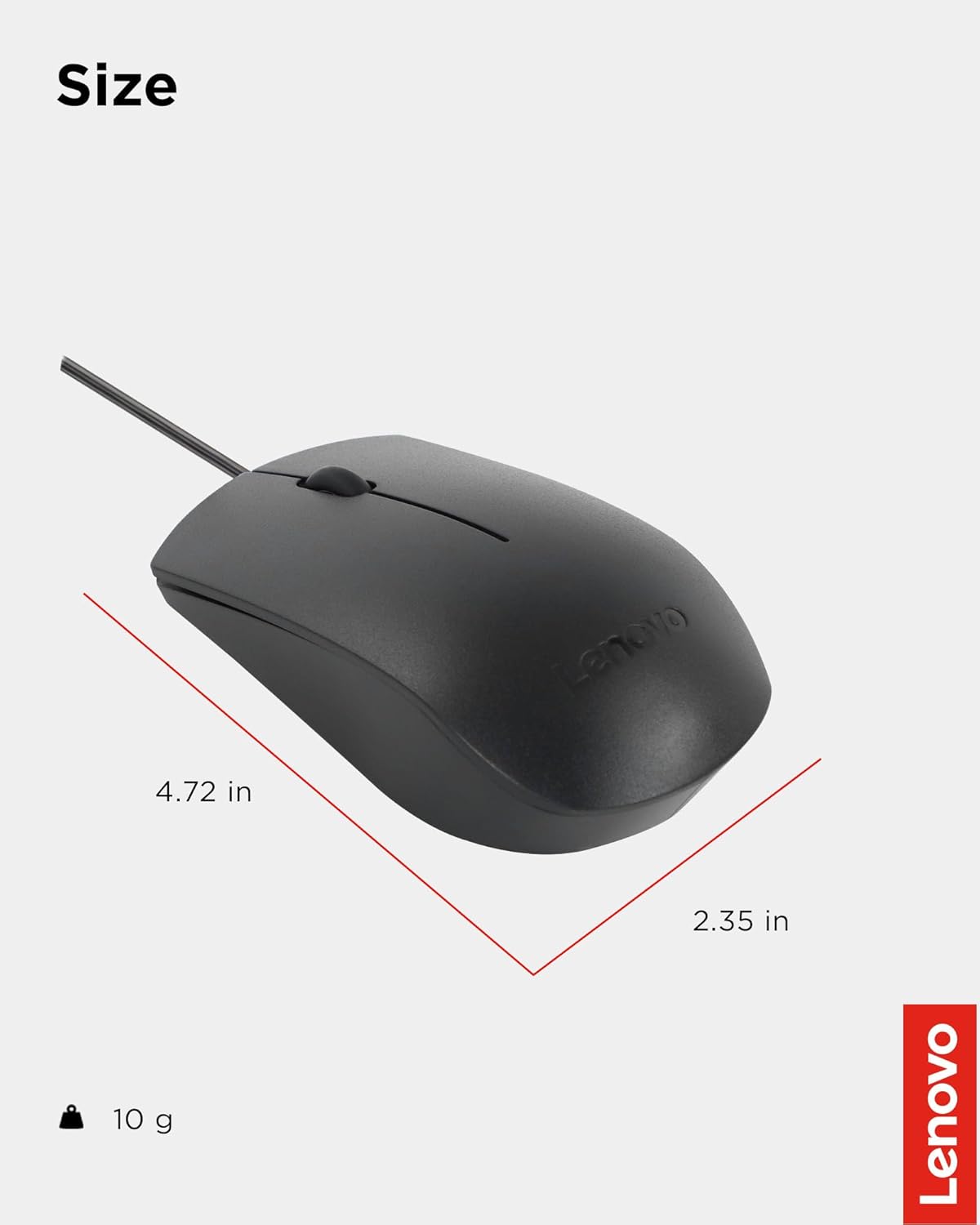 Lenovo USB-C Wired Mouse, Full Size, Ambidextrous Design, Black, Ergonomic Shape, Precision Sensor, Plug-and-Play