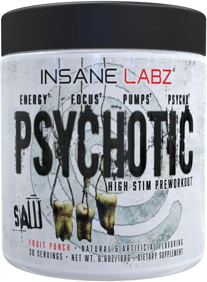 Insane Labz Psychotic SAW®, High Stim Pre Workout Powder with OxyGold­??and AMPiberry®, Extreme Lasting Energy with Teacrine®, Focus with CognitIQ® and Endurance with Beta Alanine,30 Srvgs,Fruit Punch