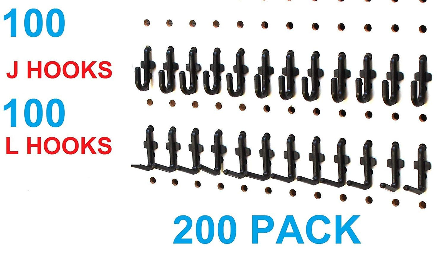 JSP Manufacturing Plastic Locking J Hook & L Hook Pegboard Kit | Garage Tool Craft Jewelry Storage Pegboard Organizer (200, Black)