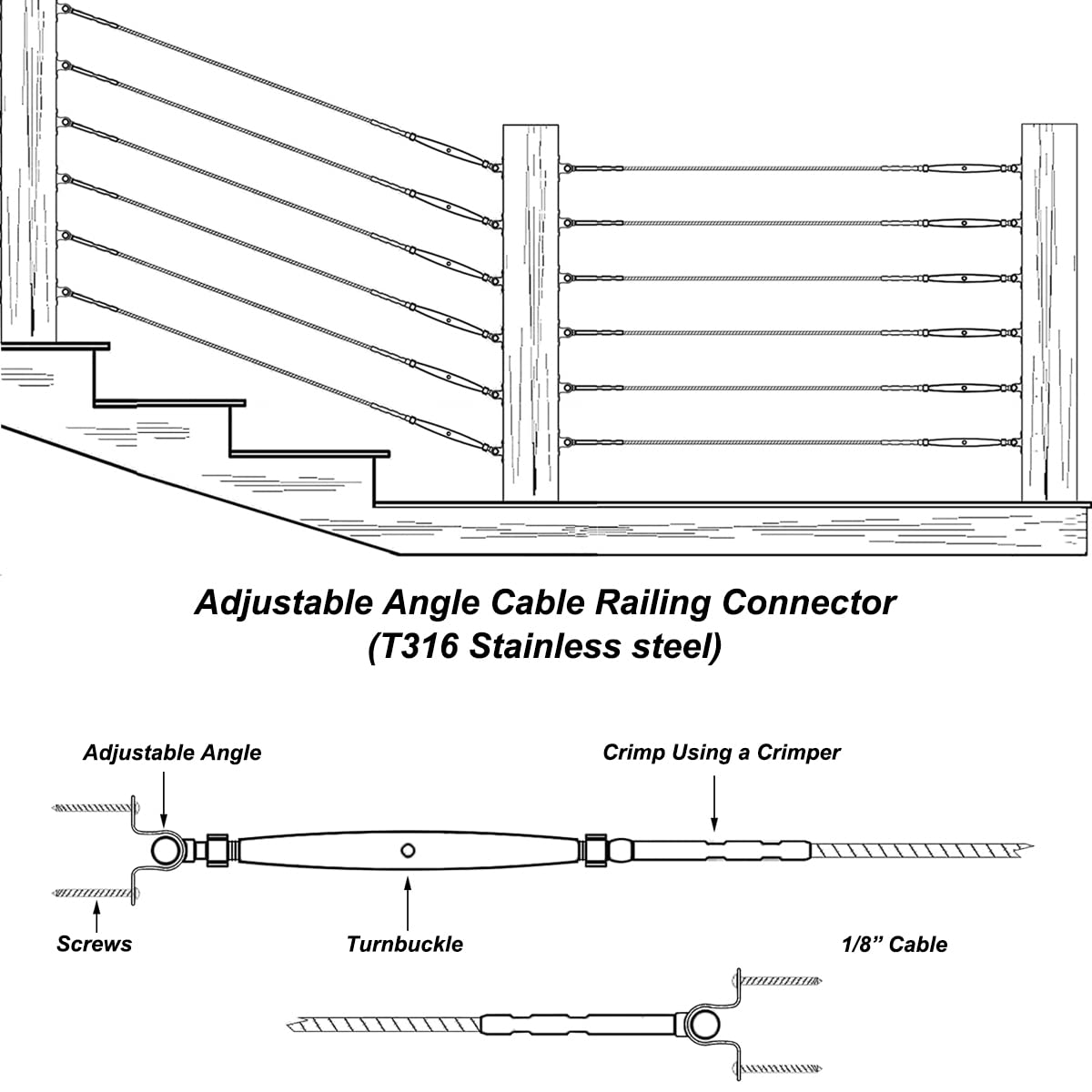 Sowtowe T316 Marine Grade Stainless Steel Cable Railing Hardware Kit for 1/8 Inch Cable Railing System, 32 Pairs, Adjustable Angle