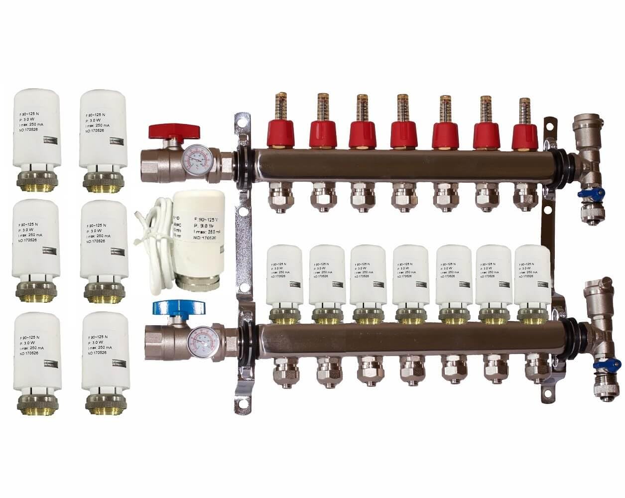 7 Loop PEX Plumbing Manifold - Stainless Steel Radiant Floor Heating Manifold - PEX Tubing Manifold With 2 Wire Actuators (1/2" PEX Adapters included)