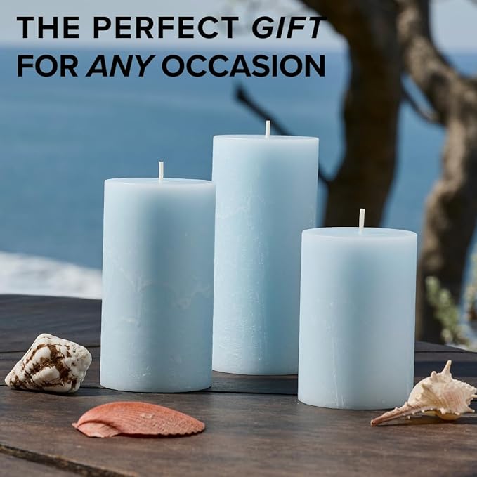 Simply Soson 3x6 inch Light Blue Rustic Sea Salt and Driftwood Pillar Scented Candle - 3 Pack - for Home Decor, Aromatherapy, Weddings, Restaurants, Spa,