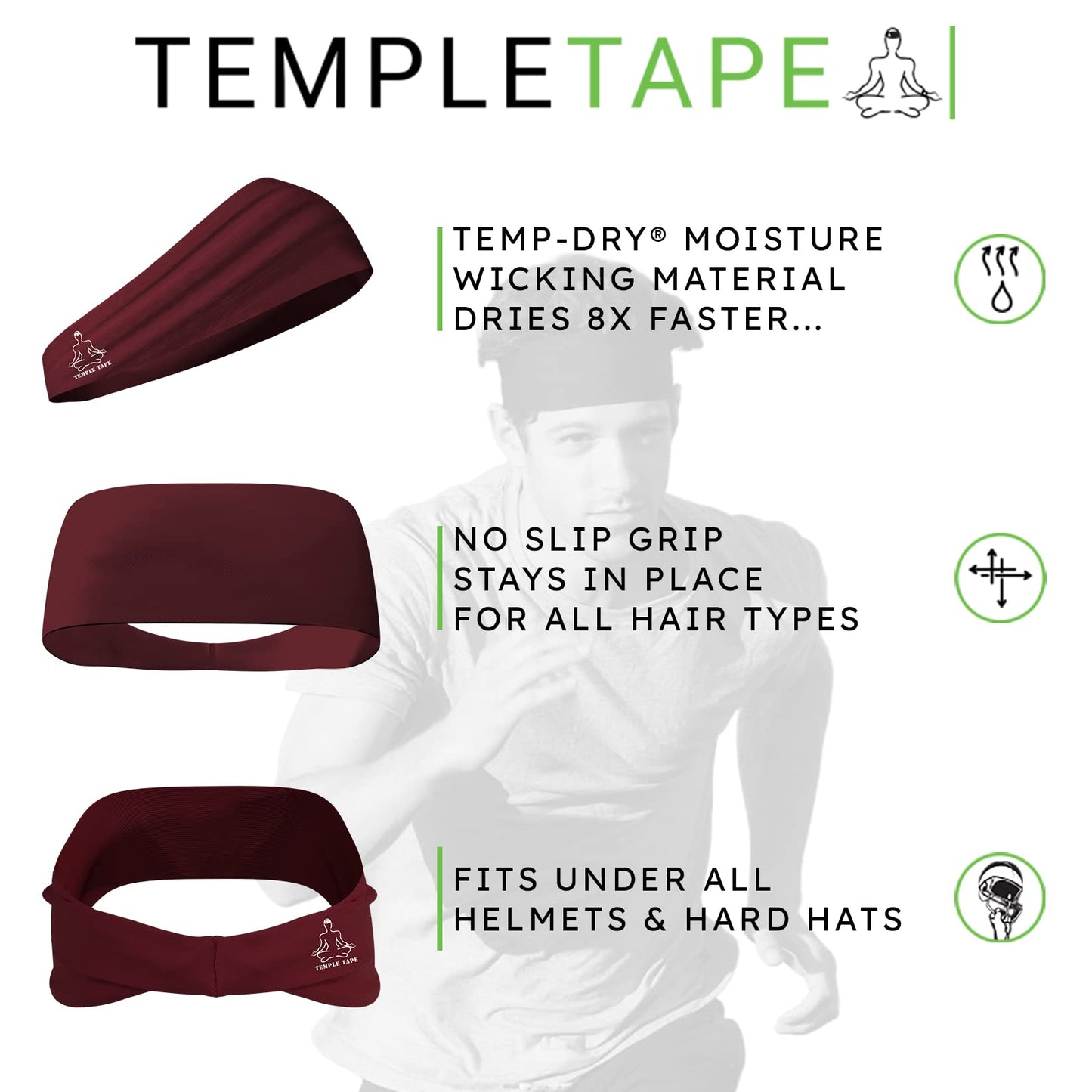 Temple Tape, Headbands for Men and Women - Mens Sweatband & Sports Headband Moisture Wicking Workout Sweatbands for Running, Cross Training, Yoga and Bike Helmet Friendly - Burgundy