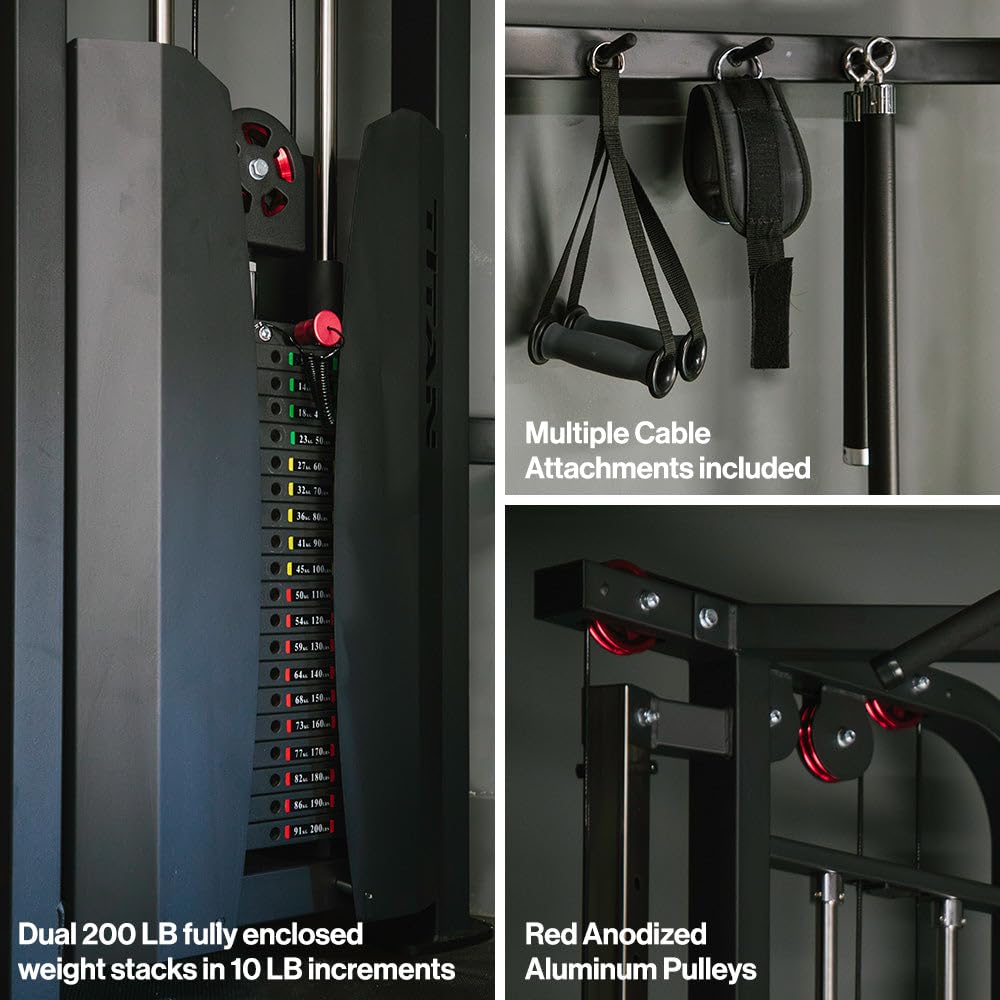 Titan Fitness Functional Trainer, Cable Crossover Machine with 200 LB Double Weight Stack, 2:1 Cable Pull Station, Home Gym Workout Weight Training Machine with Attachments