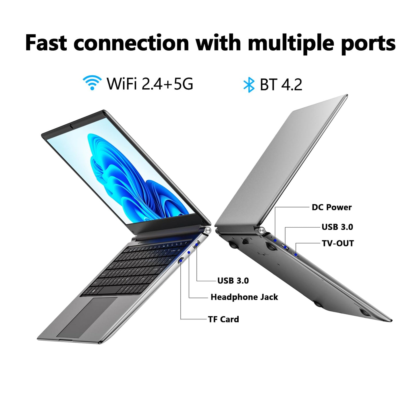 Laptop 16-inch , 8GB DDR 256GB SSD portable laptop computer, expandable to 1TB, Pentium quad-core CPU up to 2.64 GHz, 9000mAh battery, interface, USB3.0 interface, dual-band WiFi, webcam, slim laptops