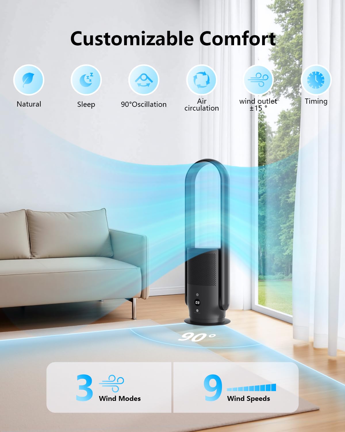 U ULTTY Bladeless Tower Fan and Air Purifier in one, Quiet Tower Fan with Remote, Touch, 9 Speeds, 8H Timer, HEPA Filter 99.97%, 90° Oscillation Fans, Floor Fans Powerful for Home Office Room, Black