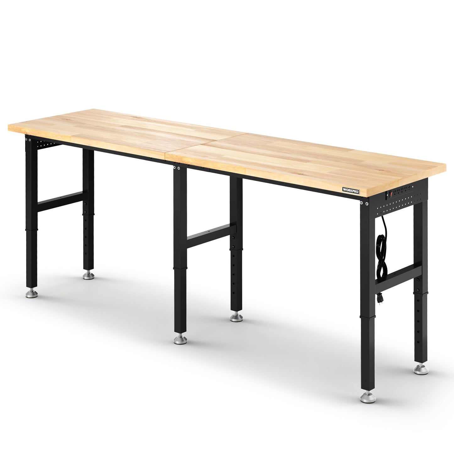 WORKPRO 96x24" Heavy-Duty Adjustable Workbench, 4000LBS Load Capacity Work Table with Power Outlet & Pegboard, Rubber Wood Top Workstation with Leveling Foot for Garage, Workshop