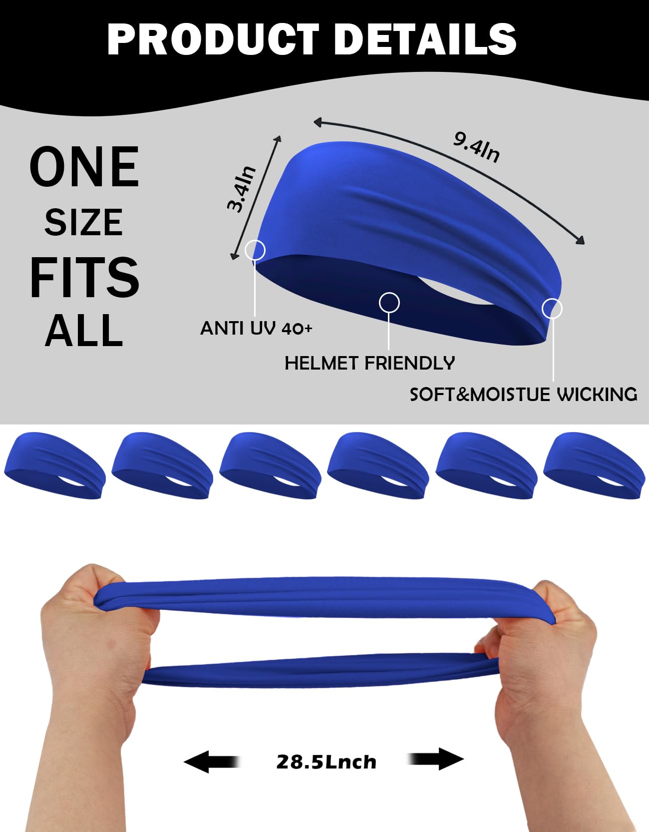 6 Pack Sport Headbands for Men & Women, Sweat Wicking Workout Sweatband, Royal Blue Hairband for Running, Cycling, Football, Yoga (Royal Blue 6 Pack)