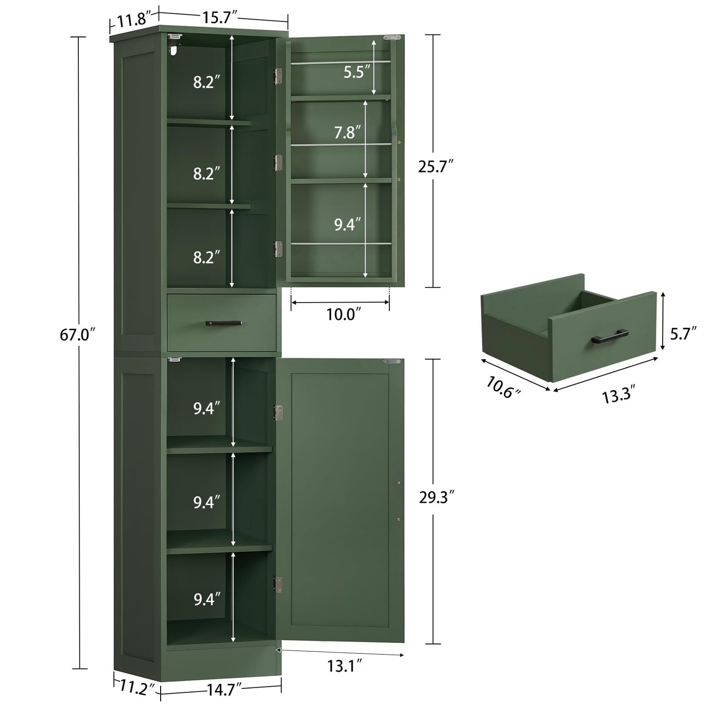 TEENFON Kitchen Pantry Cabinet with 3 Door Shelves & 1 Drawer, Narrow Bathroom Cabinet with Adjustable Shelves, Tall Storage Cabinet for Living Room, Bathroom, Entryway, Green