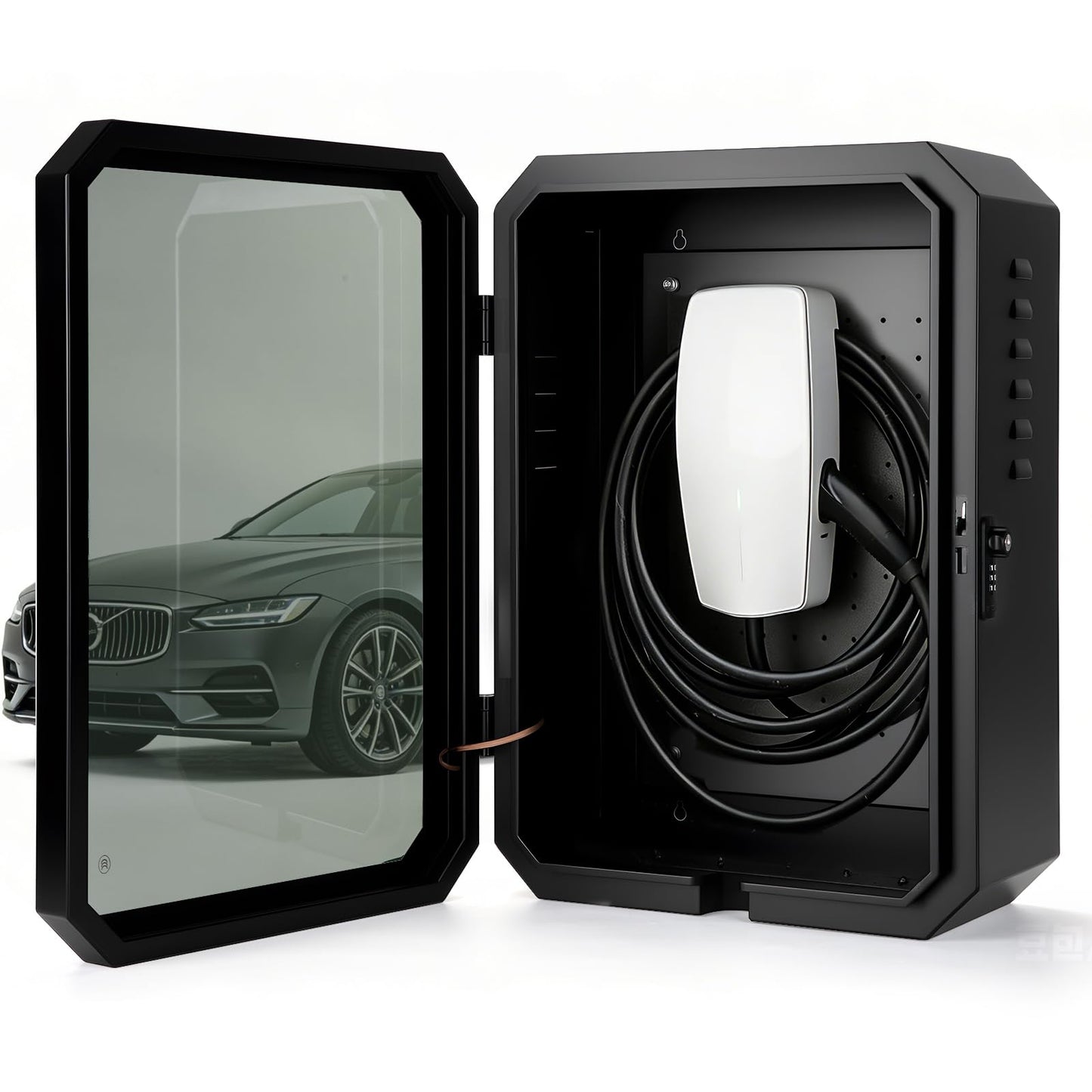 QLYYOPSK EV Charger Lock Box, Waterproof Outdoor Wall Station Enclosure, IP65 Weatherproof, 23'' x 16'' x 9'', Steel with Acrylic Window, Combination Lock & Cable Holder, for Level 2 EV Charger