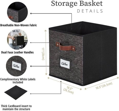 DECOMOMO Storage Bins - Fabric Cube Storage Bins with Labels | 10.5" x 11" | Set of 6, Black Pattern