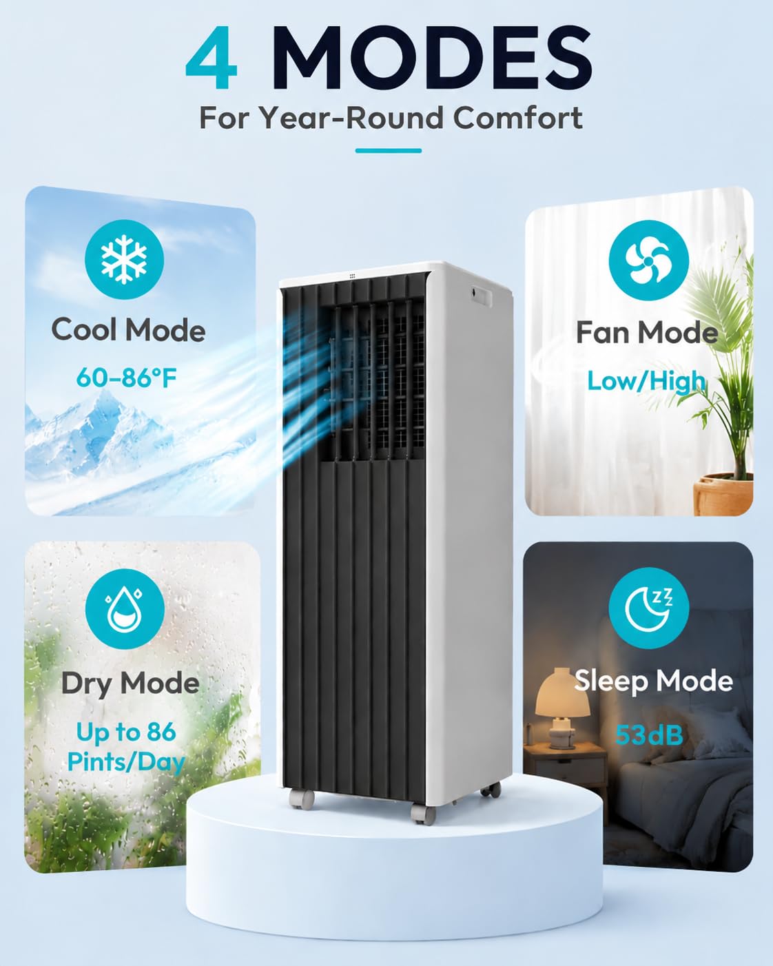 8,000 BTU Portable Air Conditioner, 4-in-1 Portable AC Unit Up to 350 Sq.Ft., Portable Air Conditioner with Cool, Fan, Dehumidifier, 24H Timer, Remote & Installation Kit, for Bedroom