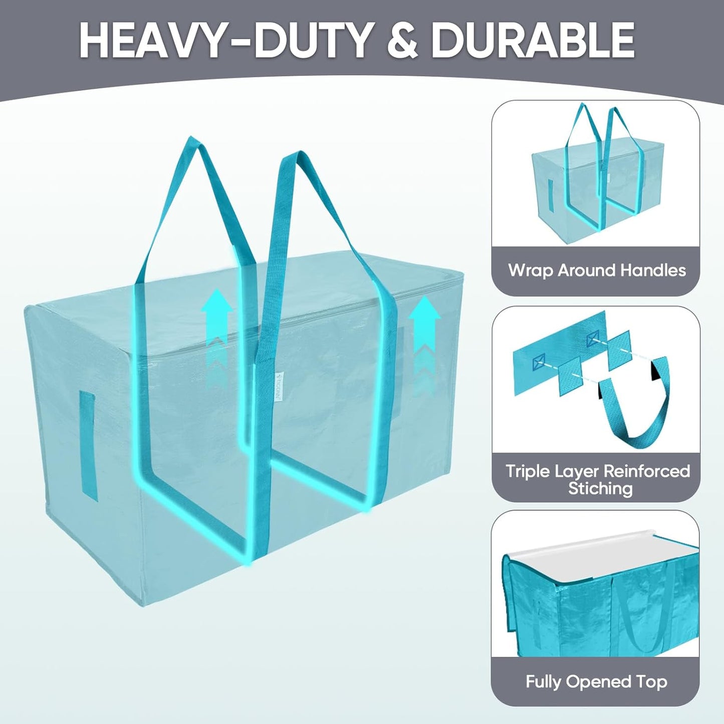 TICONN Extra Large Heavy-Duty Moving Bags - Durable Storage with Zippers & Handles | 2 Pack, Aqua