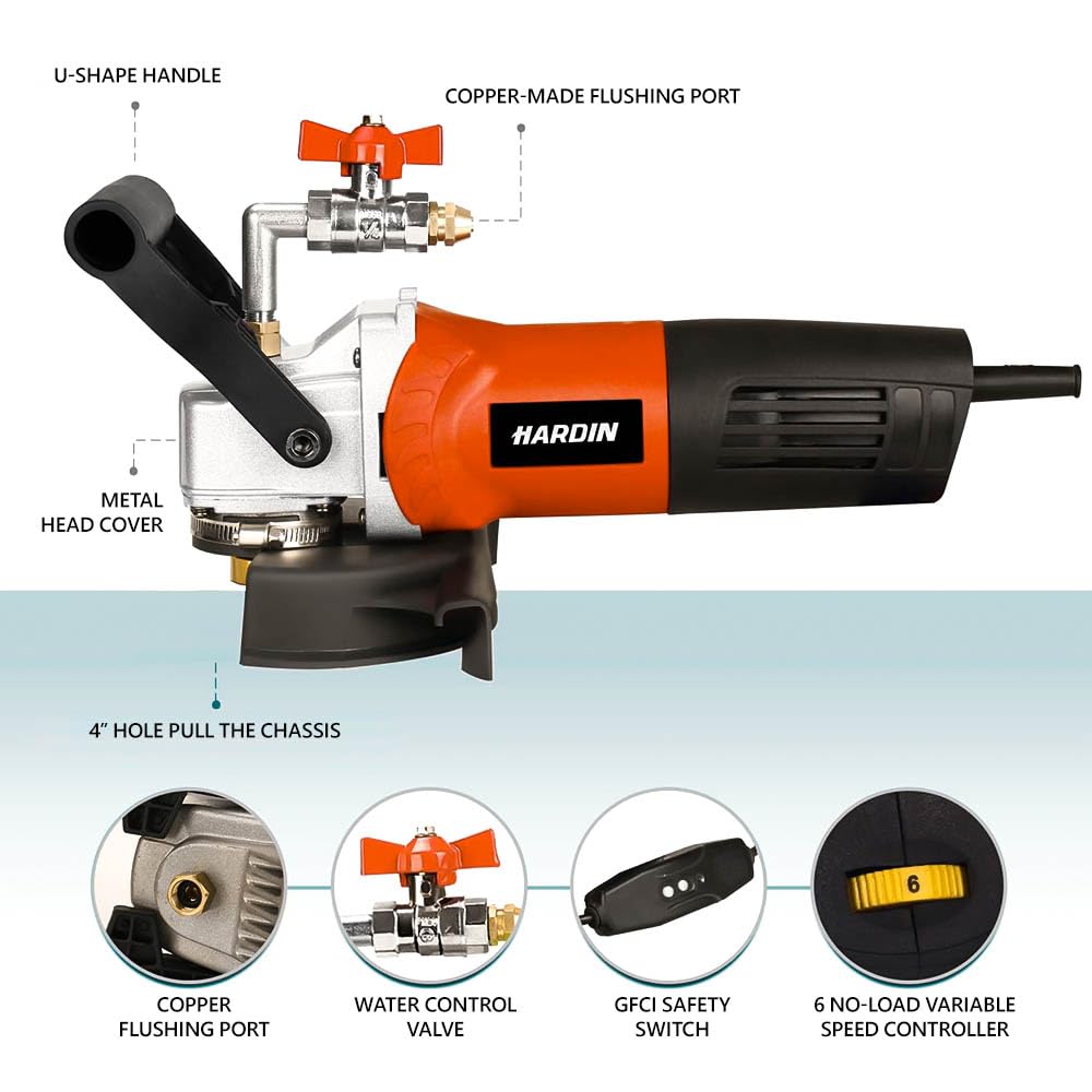 Hardin 4" & 5" Variable Speed Wet Polisher and Grinder – 800W 120V, 1000–4000 RPM, Water Feed System with Brass Valve, GFCI Cord for Granite, Marble, Stone, and Concrete Fabrication