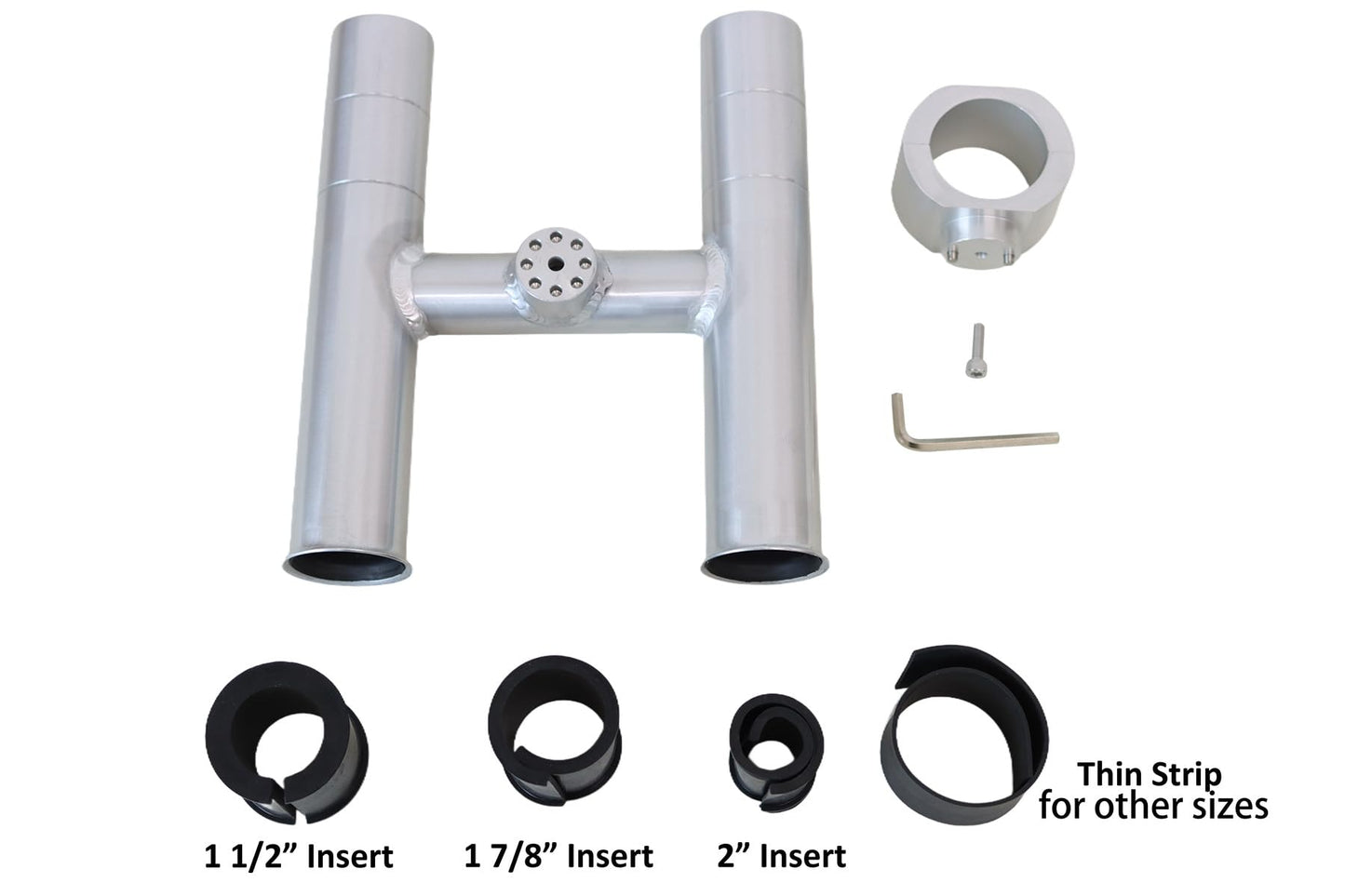 T-Top fishing Rod Holder Twin Aluminum clamp-on fit 1-1/2",1-7/8",2" inch horizontal or vertical fishing tower/leaning post/rail white black anodized (Silver Anodized)