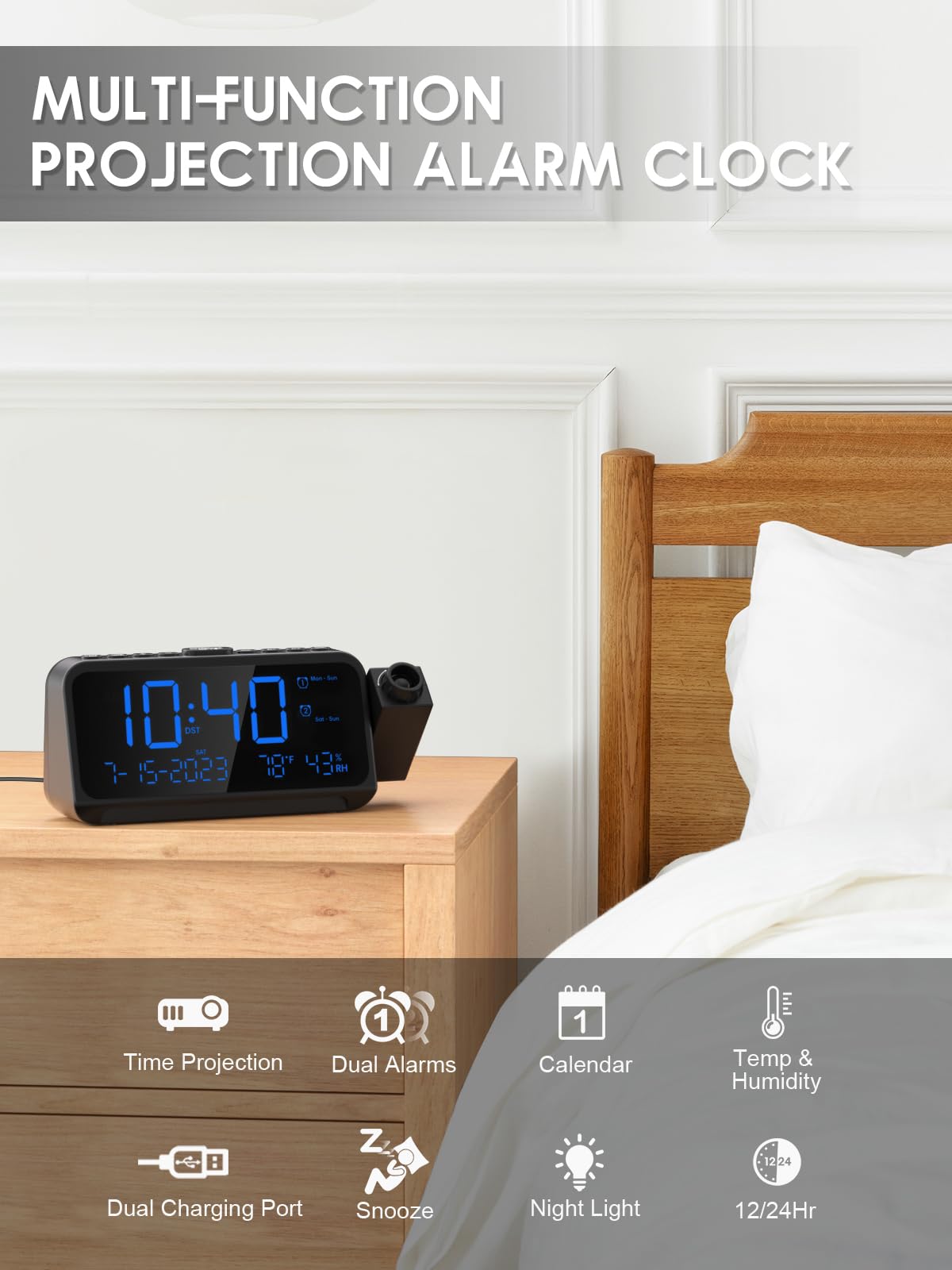 ROCAM Projection Alarm Clock for Bedroom Ceiling, Digital Clock with 180° Projector with 5-Level Dimmer, Dual Loud Alarm with Weekend/Weekday Mode, Date, Temp, Humidity, Night Light, DST, Snooze