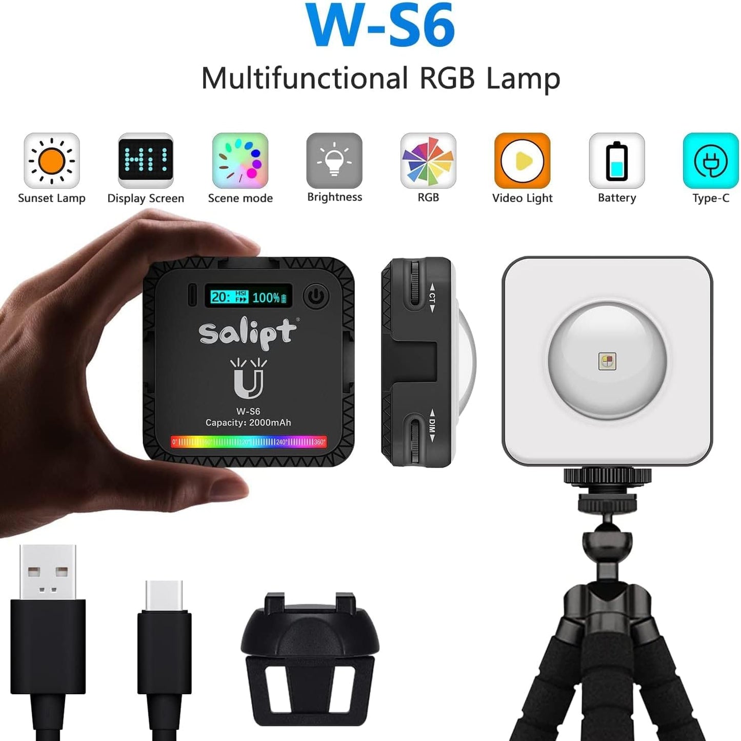 Sunset 360 Full-Color2000mAh Projection Lamp, RGB Video Light, LED Camera Light Rechargable, Magnet Adsorption, Night