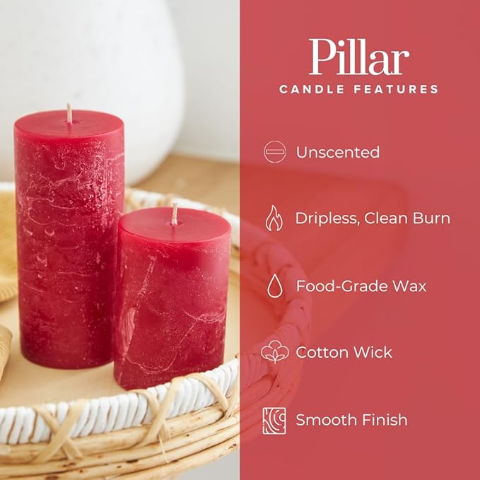 Simply Soson 3x4, 3x6, 3x8 inch Red Pillar Candles, Set of 3 Pillar Candles, Rustic Texture, Unscented Red Candles, Dripless Candles, Ideal as Wedding, Parties, Spa, Dinner, Home Decor, Church
