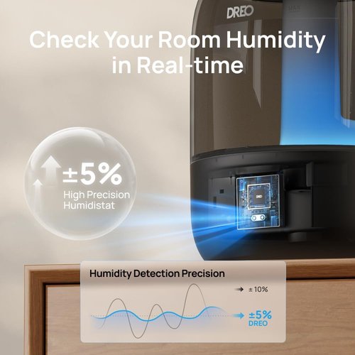 DREO Ultrasonic Humidifier - 3L Top Fill, 30H Quiet Runtime, Humidity Sensor & Night Light - Black