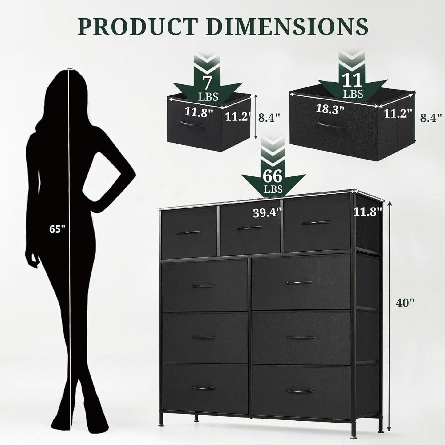 Regine Switzerland 9-Drawer Dresser - Anti-Tip Storage Organizer with Wooden Top & Metal Frame | Black