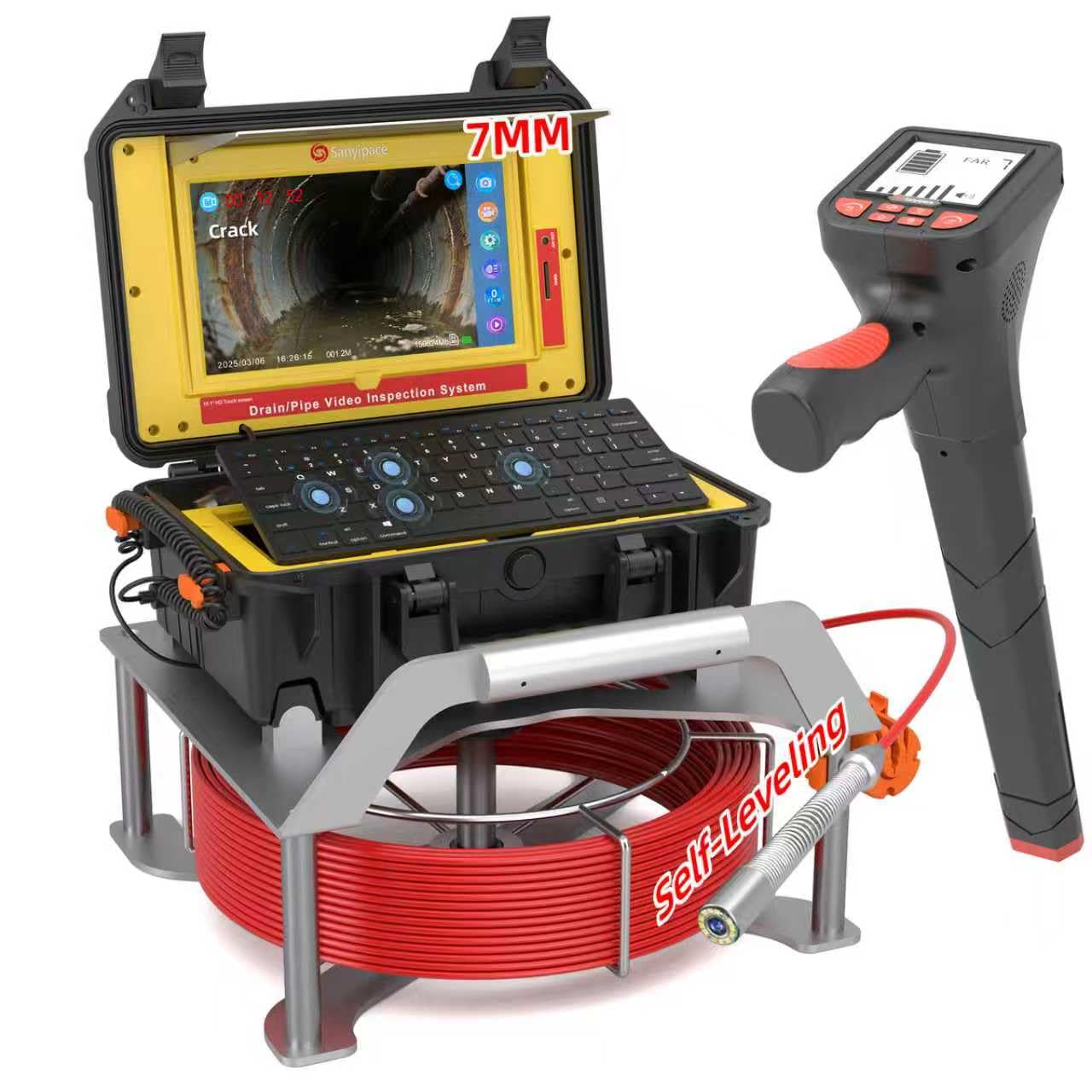 Sanyipace 7MM Cable Sewer Camera with Locator, 165FT/50M Drain Camera with 512Hz Transmitter, Self-Leveling Inspection Camera with Distance Counter, 10.1" Touch Screen, Wireless Keyboard, 32GB Card
