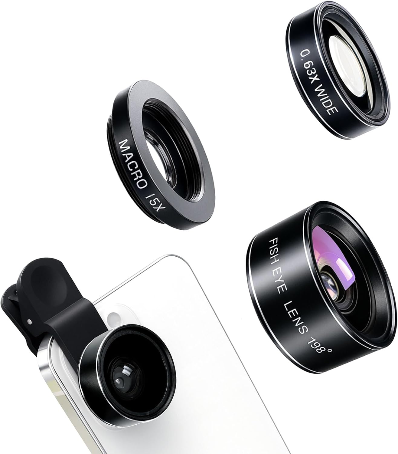 Brvlsoc 3-in-1 198 0.63 15 Set Smartphone Camera Lens Kit Fisheye, Wide-Angle & Macro Clip-On Lens for iPhone, Samsung