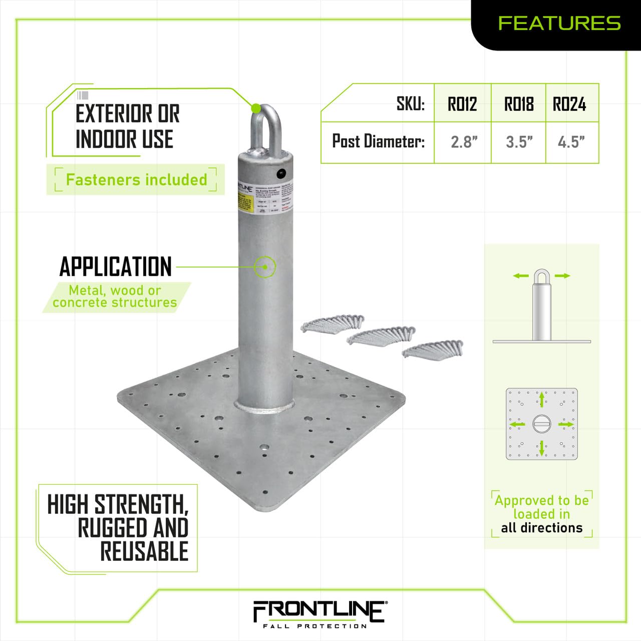 Frontline Fall Protection RO18 Commercial Roof Anchor 18"| OSHA & ANSI Compliant Galvanized Steel Roofing Anchor Point | Metal, Wood or Concrete Application