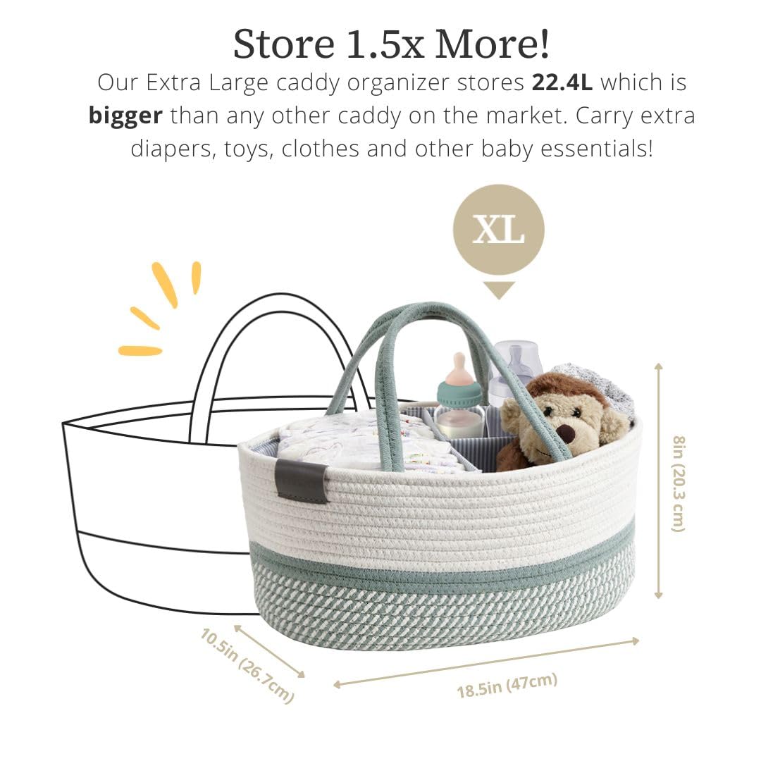 DECOMOMO XL Baby Caddy Organizer, Diaper Caddy Basket, Baskets for Baby Shower Gifts (Sage Green & White, Extra Large)