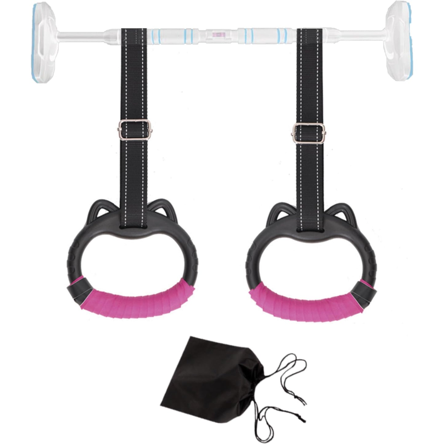 JIANWEI Gymnastics Rings Set for Kids, Professional Children Trapeze Bar Pull Up Rings with Straps Kids Playground Home Exercise Gym Rings with Drawstring Bag for Children Exercise(Pink)