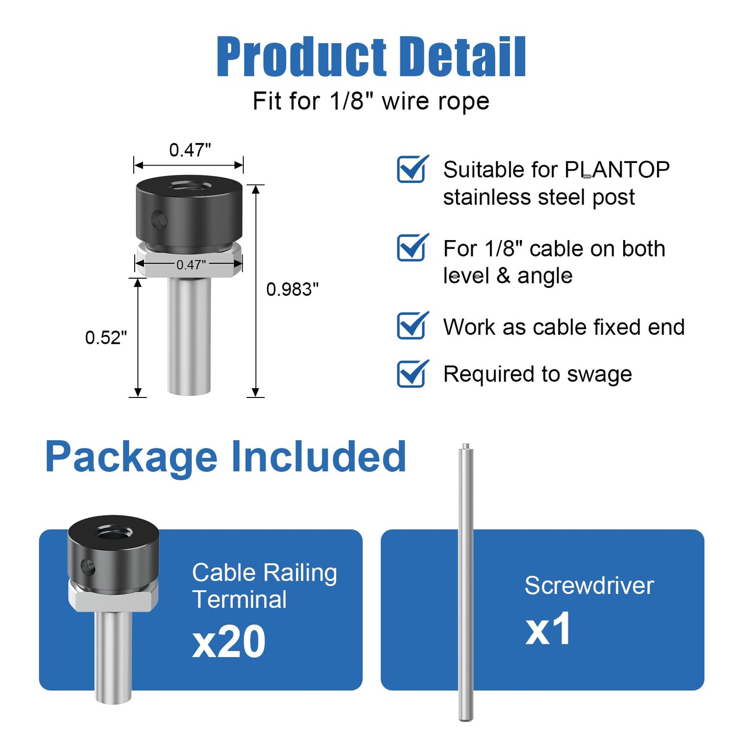 PLANTOP 36" Side Mount Cable Railing Post Kit, Included 2 Pack Level Drilled Fascia Mount Posts, 1/8" Invisible Cable Railing Anchor Terminal, Stainless Steel Handrail Deck Corner Post for Indoor Out