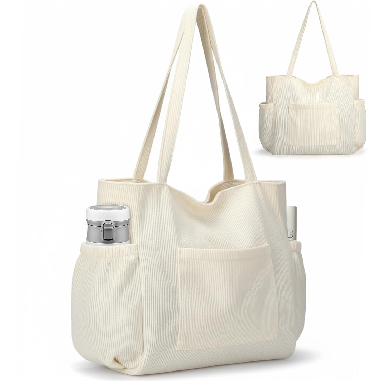 Corduroy Tote Bag for Women, Large Capacity Cute Tote Bags With 6 Pockets, Laptop Tote Bag Crossbody Shoulder Handbag Teacher Nurse Bags for Work Travel Gym(Beige)