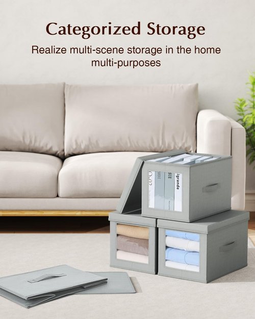 Homsorout Collapsible Storage Bins - Foldable Decorative Boxes with Lids & Side Window | 15-Inch Grey Organizer Bins (5 Pack)