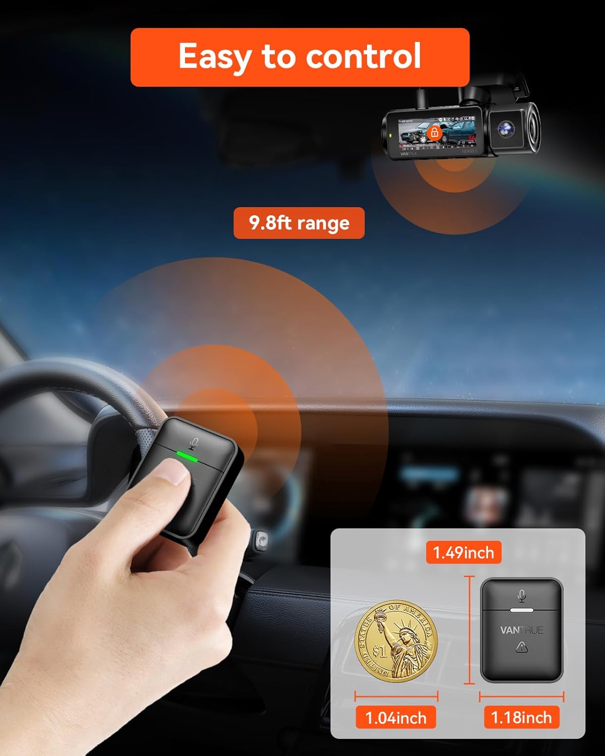 VANTRUE 9.8ft N4 N5S, N4S,N5,N4, E1 Pro,E2, E360, N2X, S1 Remote Control with Event Locking, Snapshot, Audio ON/Off