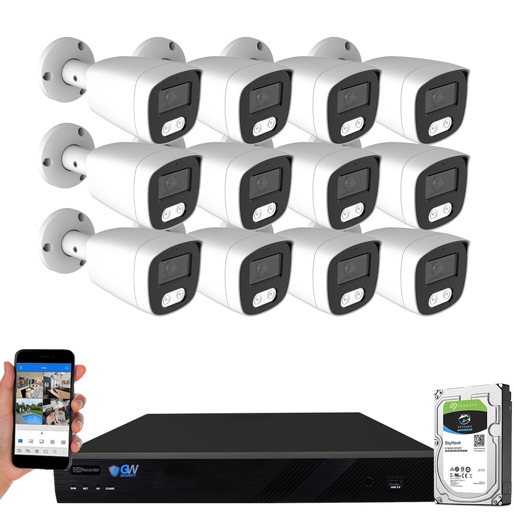 GW Security 16 Channel 12MP NVR 4K Security Camera System with 12 x 8MP PoE Spotlight Color Night Vision Outdoor/Indoor Microphone Bullet Cameras, Smart AI Human/Vehicle Detection
