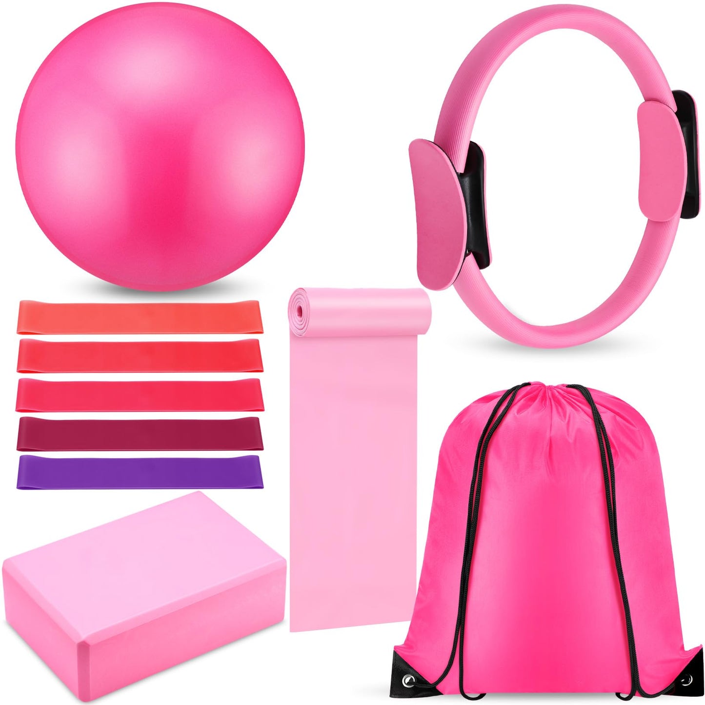 Silipull 10 Pcs Pilates Ring Blocks Set for Women Home Yoga Equipment Accessories Pilates Ring Circle and Ball Workouts Gift Include Ball Yoga Circle Resistance Bands Block Straps Gym Bag(Pink)