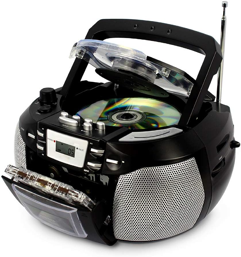 HANNLOMAX HX-301CD CD/MP3 Cassette Boombox, AM/FM Radio, Recorder, Records from CD or Radio, Headphone Jack, LCD