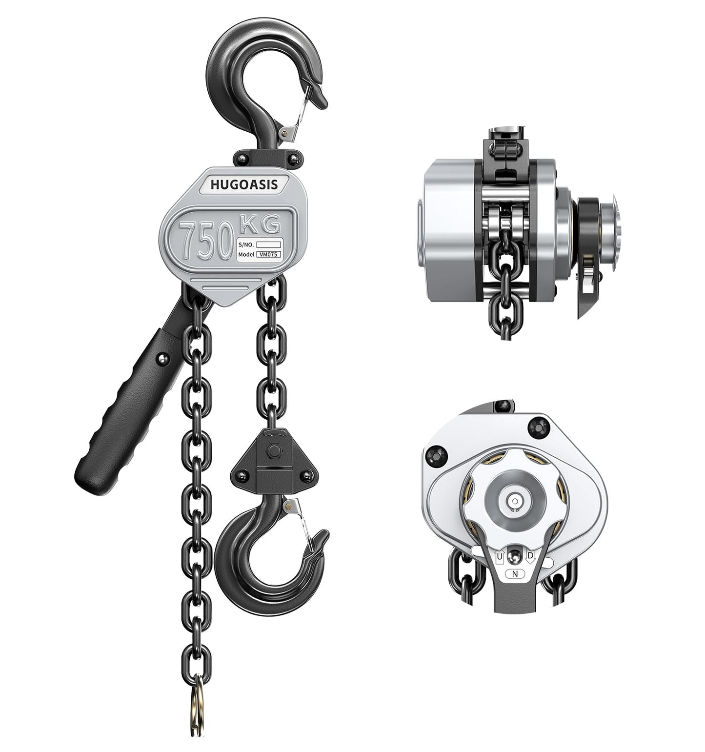 HUGOASIS Mini Lever Hoist 3/4 TON 1650 LBS Capacity 5FT Lift, Portable Aluminum Ratchet Chain Hoist with G80 Alloy Steel Chain, Dual Brake Hand Chain Puller for Lifting & Pulling,Silver