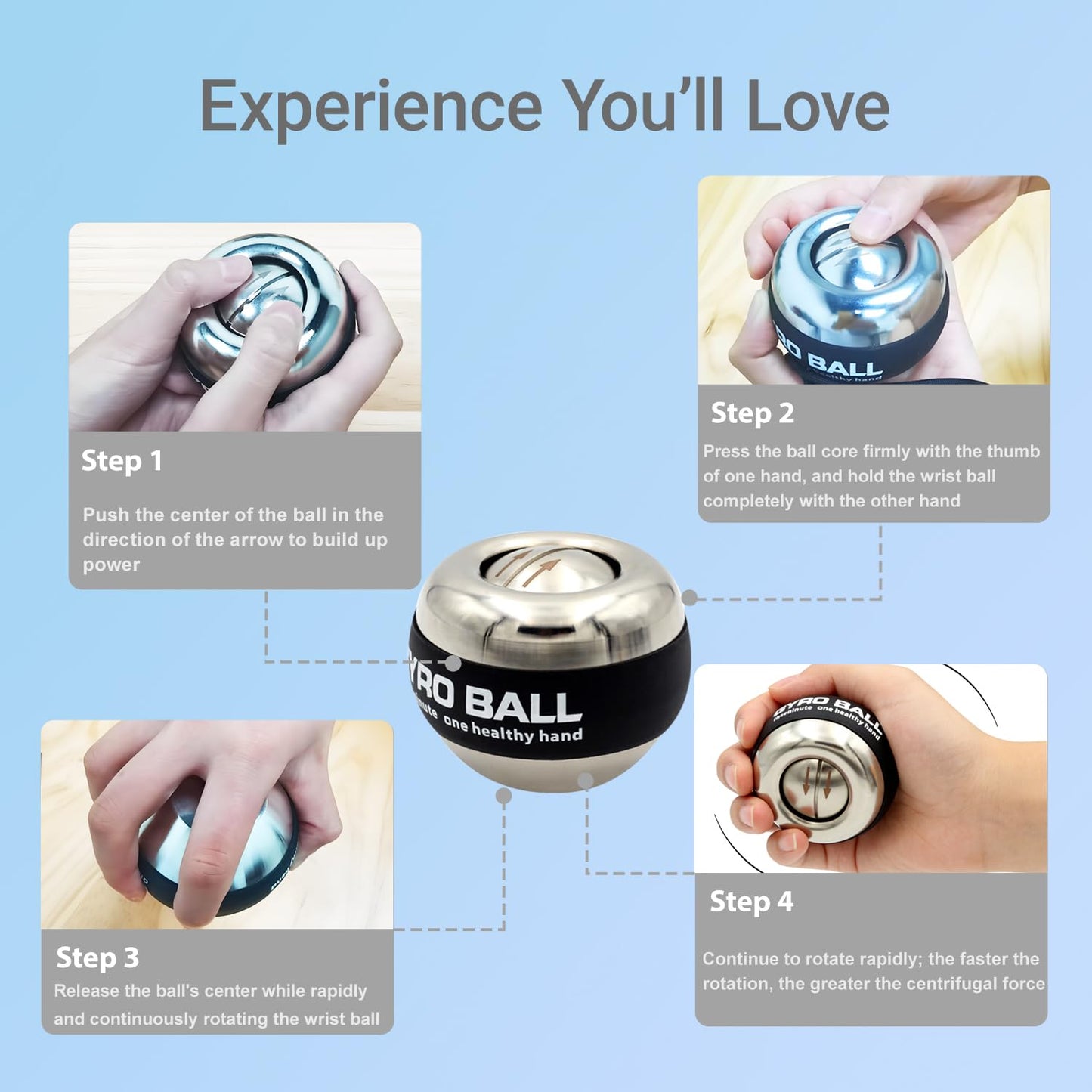 EXBEPE All-Metal Power Gyro Ball,Weighted Auto-Start Hand Wrist Forearm Trainer and Strengthener for Exercise Joint and Muscle with Ball Bag