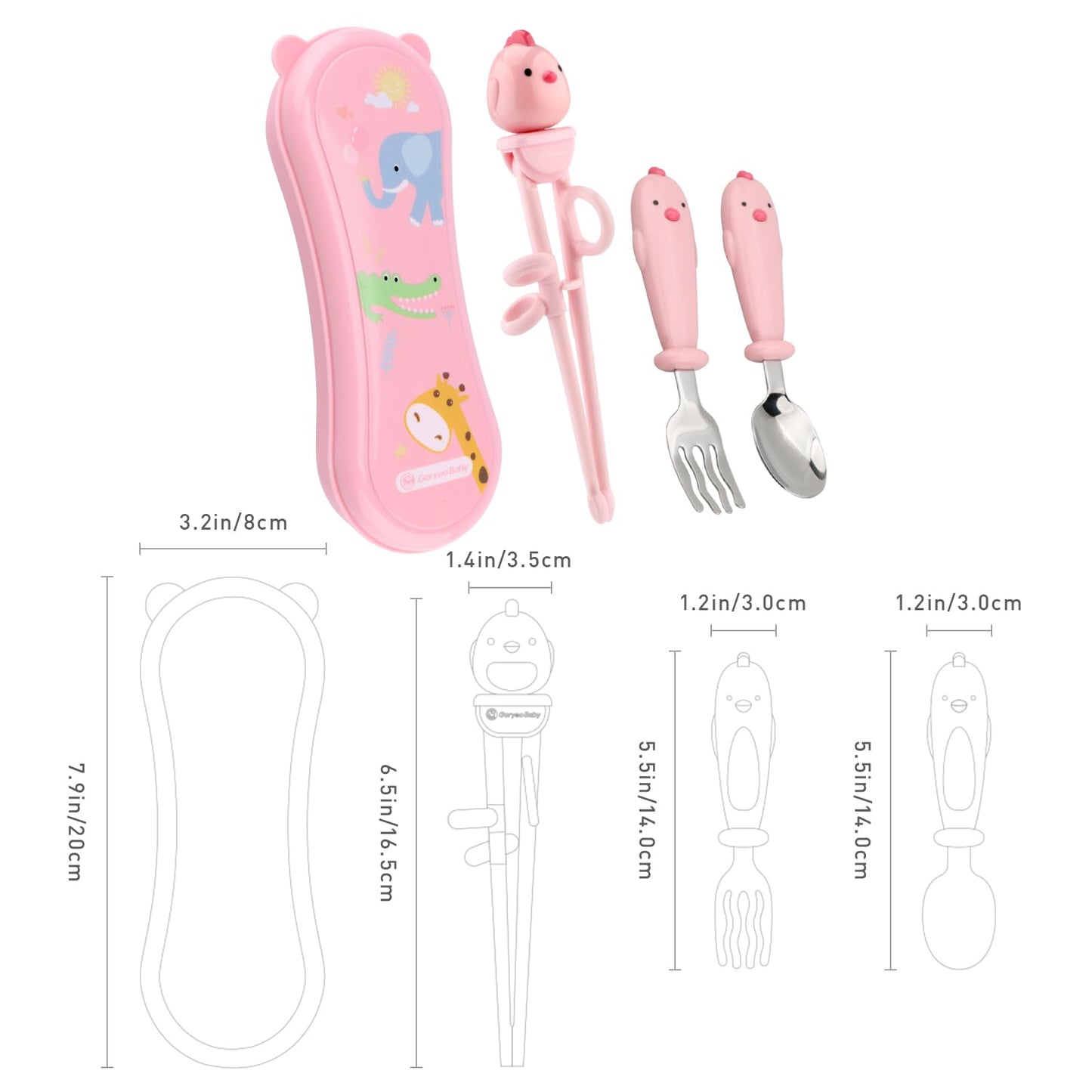 Goryeo Baby Toddler Utensils Stainless Steel Kids Silverware Set with Kids Training Chopsticks and Baby Spoon and Fork for Self Feeding Learning with Case (3PCS)(Pink)