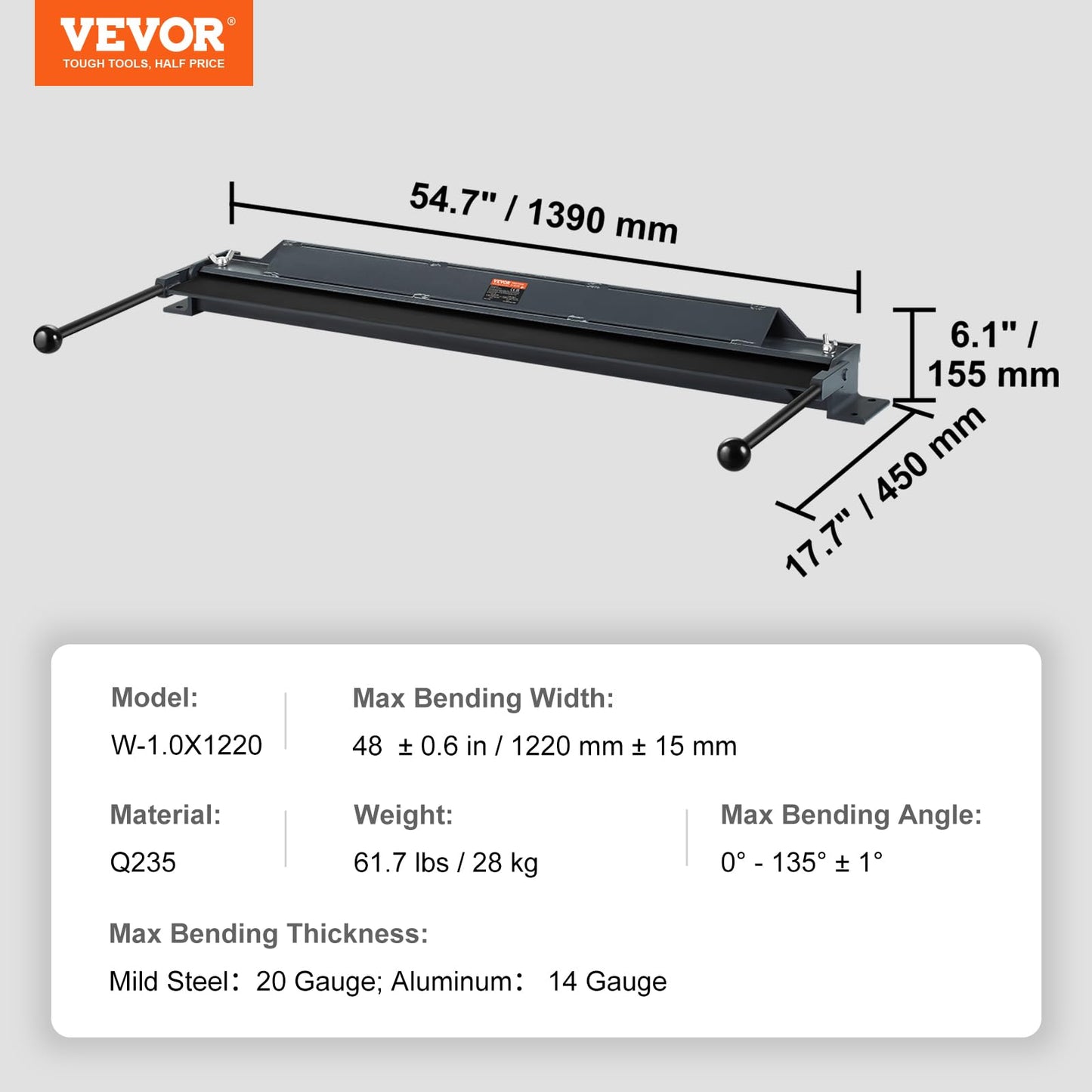 VEVOR Box and Pan Brake, 48-Inch, 0-130 Degrees Sheet Metal Bending Brake, Portable Mini Metal Bender with 20 Gauge Low Carbon Steel 14 Gauge Aluminum Capacity Power Handle, for Metal Bending